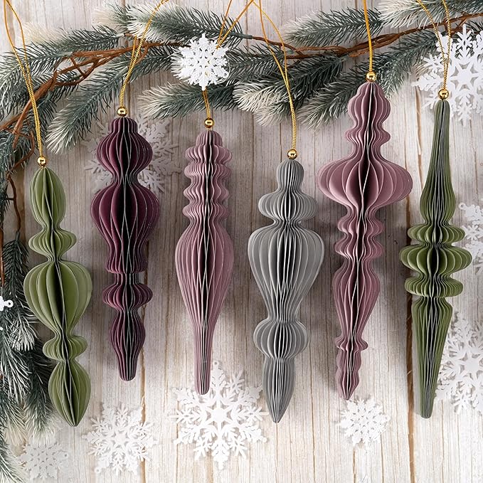 6Pcs Christmas Honeycomb Ornaments for Tree, 3D Paper Honeycomb Hanging Decorations Neutral Finial Christmas Ornaments Lanterns for Xmas Tree New Year Holiday Party Home Decor, Green Pink Gray