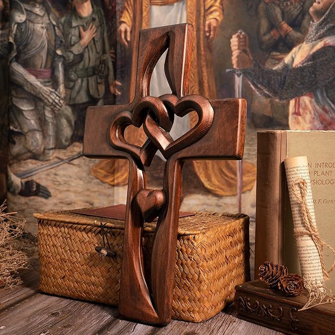 BGCOPPER Marriage Cross for Wall Love Wall Decor, Handmade Wooden Intertwined Heart Wall Cross for Wedding Valentine Christmas Gift - 14 Inch