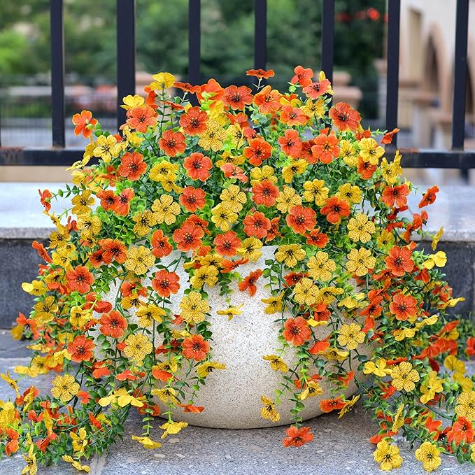 Artificial Hanging Flowers for Outdoors Fake Plants Decoration, 2 Packs Faux Silk Daisy Flower Realistic Outdoor Flowers UV Resistant Porch Patio Window Yard Indoor Spring Decor(Yellow Orange)