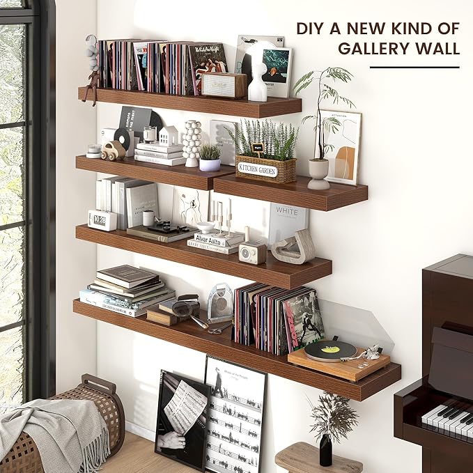 Venusmiles Floating Shelves for Wall, 36" W x 12" D x 2" H, 2 Pack of Long Wall Mounted Engineered Wood Shelves with Invisible Brackets for Living Room, Bedroom, Bathroom, Kitchen Decor, Walnut