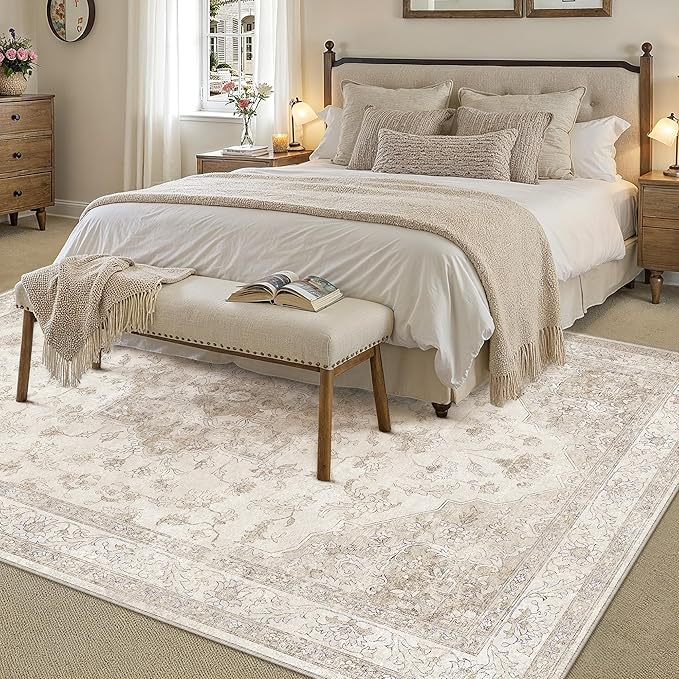Beige Area Rug 10x14 Washable Living Room Carpet Vintage Non Slip Soft Bedroom Indoor Office Retro Low Pile Thin Oriental Medallion Large Rug for Dining Room Bathroom Playroom