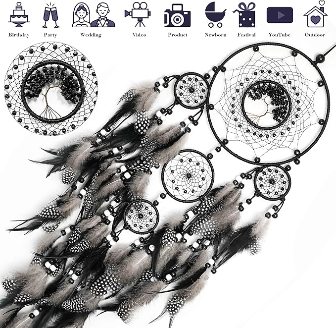 Dream Catchers,Large Dream Catchers for Bedroom Adult Black Boho Dream Catcher Tree of Life Wall Decor with Natural Healing Crystal Stone Hanging Ornament Teen Dorm Room Decor Festival Gift