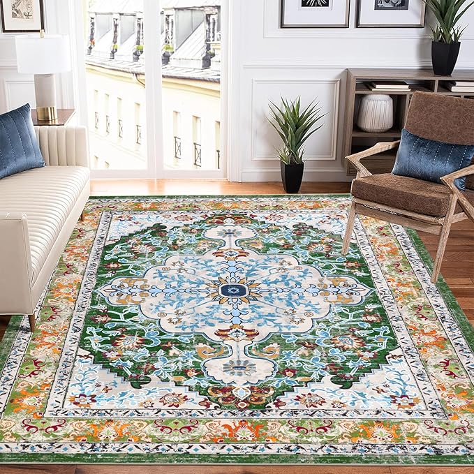 U'Artlines Boho Vintage Area Rug 5x7 Machine Washable Low Pile Soft Floor Carpet Non Slip Non Shedding Accent Rug for Living Room Bedroom Entryway Dining Room Office Green