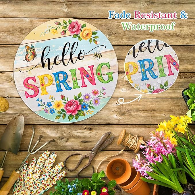 PETCEE Hello Spring Door Sign - 11.5" Colorful Flowers Welcome Wreath for Front Door Spring Decorations Farmhouse Porch Decor Rustic Round Wreath Sign Hanging Wall Plaque Easter Home Outdoor Decor