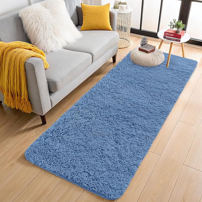 OLANLY 2x6 Machine Washable Runner Rugs for Hallway, Soft Fluffy Shaggy Bedside Rugs for Bedroom, Living Room, Indoor Floor Carpet for Kids Girls and Boys, Home Decor Aesthetic, Blue