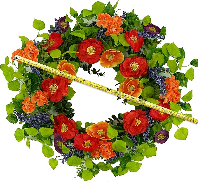 WreathDream 22 inch Artificial Spring Summer Wreaths for Front Door Poppy Wreath with Lavender Ear,Cherry Blossom,for Front Door Indoor Outdoor Home Farmhouse Decor