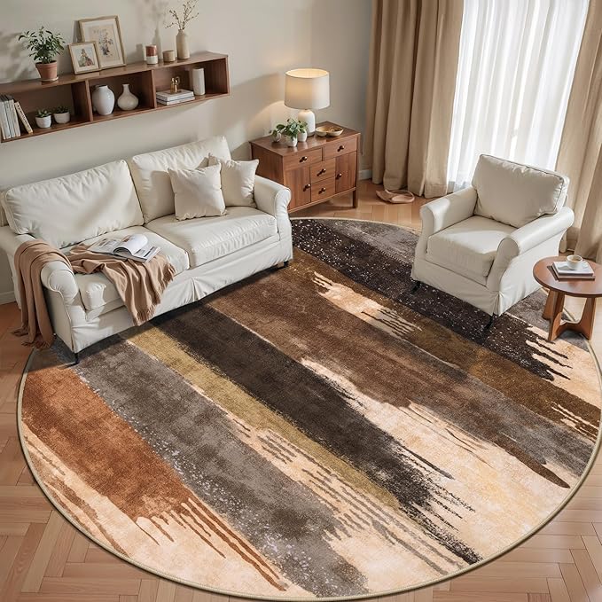 Ciicool 8ft Round Washable Rug, Modern Abstract Circle Rugs, Non-Slip Thin Lightweight Rug Brown Black Circular Print Distressed Carpet for Bedroom Living Room Under Dining Table Home Office Decor