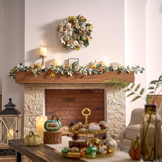 Valery Madelyn 24 inch Fall Pumpkin Teardrop Swag Autumn Harvest Door Hanger with Green & White Mini Pumpkins, Eucalyptus, Raffia, Berries and Striped Bow for Front Door Thanksgiving Table Centerpiece