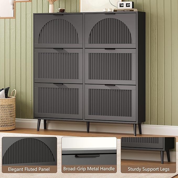 Shoe Cabinet for Entryway with 6 Flip Drawers, Slim Wooden Shoe Storage Organizer with Modern Fluted Pannel，Freestanding Narrow Hidden Shoe Rack for Hallway, Foyer, Living Room