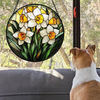 Stained Glass Window Hanging, Yellow and White Daffodils Sun Catcher for Door Home Decor Plants Flowers Suncatcher Christmas Mother's Day Birthday Gifts for Women Men Mom Nana 7.8 in