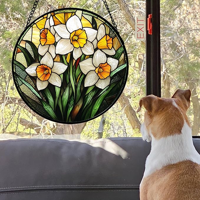 Stained Glass Window Hanging, Yellow and White Daffodils Sun Catcher for Door Home Decor Plants Flowers Suncatcher Christmas Mother's Day Birthday Gifts for Women Men Mom Nana 11.8 in