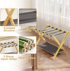 2 Pack Bamboo Luggage Rack for Guest Room, 26.77" Folding Wide Suitcase Stand with Fabric Storage Shelf, Thickened Luggage Stand Holder for Bedroom Hotel, Luggage Rack for Suitcases (2 Pack - Natural)