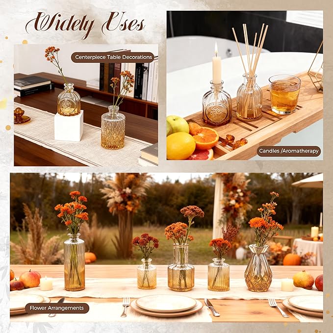 Der Rose Amber Glass Vases Set of 12, Small Bud Vases for Flowers, Rustic Wedding Centerpieces and Home Decor