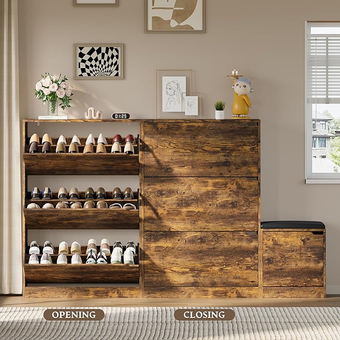 Shoe Cabinet with Bench and 3 Flip Drawers, Slim Narrow Shoe Storage Cabinet, Freestanding Shoe Rack Organizer with Adjustable & Removable Shelves, Anti-Tip for Entryway, Hallway, Foyer