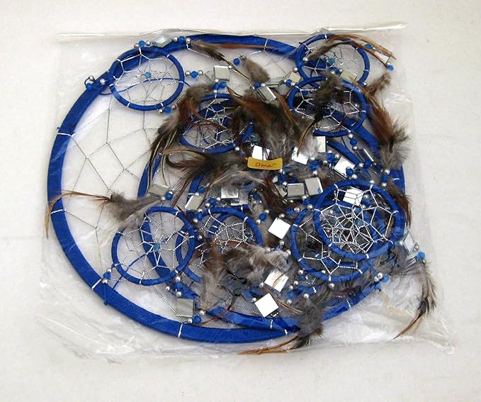 OMA Blue Dream Catcher, 3D Design with Mosaic Glass and Feathers, Boho Home Decor Bedroom Decoration Gift Large Size - 30" Long x 9" Diameter
