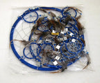 OMA Blue Dream Catcher, 3D Design with Mosaic Glass and Feathers, Boho Home Decor Bedroom Decoration Gift Large Size - 30" Long x 9" Diameter