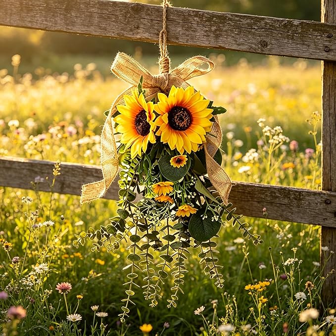 Generic 24 in Sunflower Swag, Artificial Floral Garland with Burlap Bow, Rustic Door Swag for Front Door Outside, Summer Sunflower Wreath Decor for Home Window Farmhouse. (1Pcs)