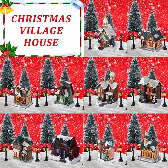 Shappy 48 Pcs Christmas Village Houses Town Buildings Accessories 10 Light up Christmas Village House 12 Mini Trees 12 LED Lights 2 Snow Blanket Box for DIY(Classical Style)