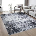 8x8 Area Rug Living Room Rug: Washable Modern Abstract Soft Thin Rug Indoor Floor No Slip Stain Resistant Carpet for Bedroom Dining Room Farmhouse Nursery Home Office - Dark Black