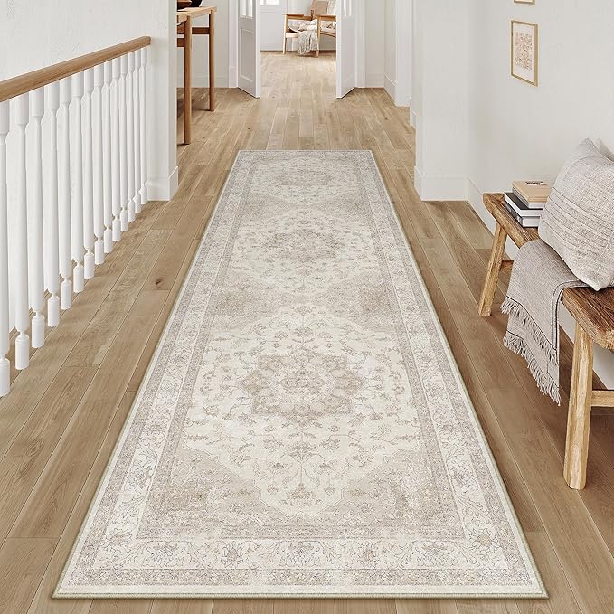 Beige Runner Rug 2x8 Washable Vintage Long Carpet for Hallway Kitchen Soft Retro Low Pile Thin Indoor Runner Non Slip Oriental Medallion Throw Rug for Bathroom Bedroom Laundry Dining Room