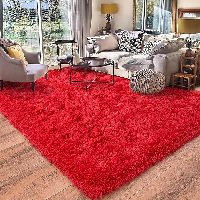 Rugs for Living Room 8x10, Soft Shaggy Modern Shag Area Rug for Bedroom, Upgrade Non-Slip Plush Fluffy Carpet for Kids Boys Girls Room Home Decor Aesthetic, Red