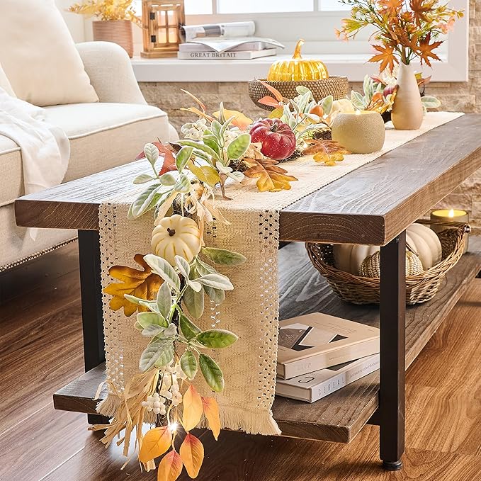 Valery Madelyn 24 inch Fall Pumpkin Teardrop Swag Autumn Harvest Door Hanger with Striped Bow, Mini Pumpkins, Eucalyptus, Raffia & Berry Sprays for Front Door, Mantel Thanksgiving Table Centerpiece