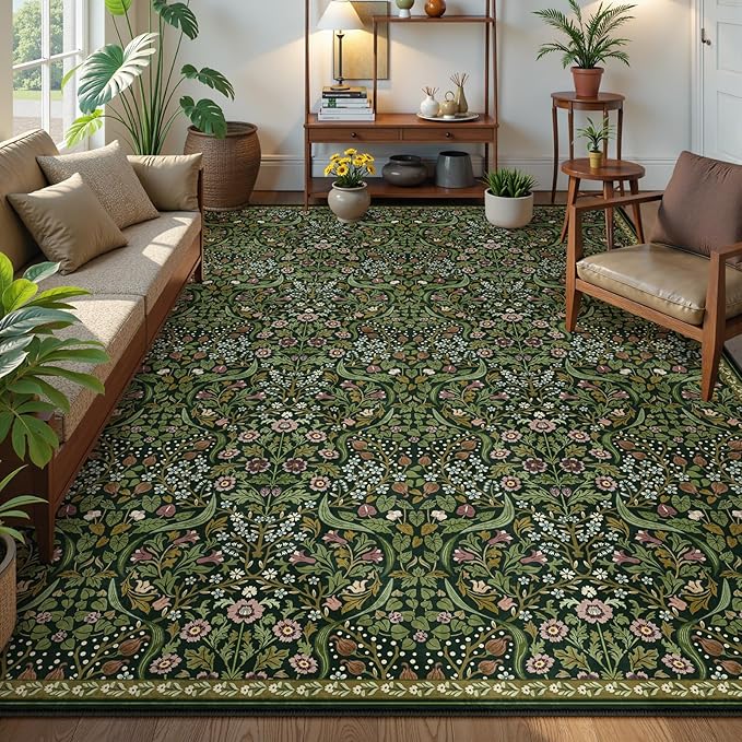 Moynesa Floral 9x12 Area Rug, Green Washable Living Room Rug, Boho Large Dining Room Rug, Non Slip Ultra Thin Botanical Soft Floor Carpet for Bedroom Home Office Farmhouse, Green
