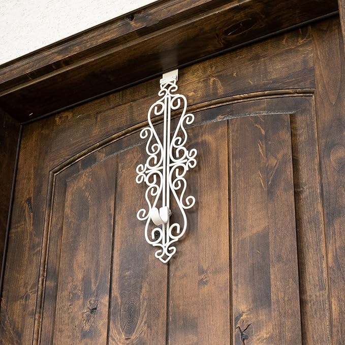 [Front Door Wreath Hanger] - Colonial Design | Adjustable Hook Length for Tall and Small Doors | Padding to Prevent Damage Like Scratch and Dents | Heavy Duty Cast Iron Metal Hangar - (White)