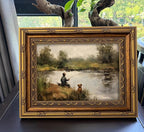 Vintage Gold Framed Wall Art Boy Fishing Country Oil Painting Canvas Prints Peaceful Lake Landscape with Dog Picture Rustic Farmhouse Poster Artwork for Nursery Living Room Bedroom, 12x16in