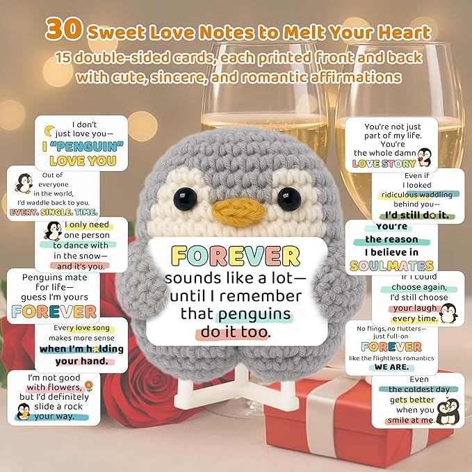 Crimmy Love Romantic Gifts for Him Her Boyfriend Girlfriend, Crochet Penguin Anniversary Birthday Present for Women Men, Christmas Valentines Gift for Couples Wife Husband (Grey Love Penguin)