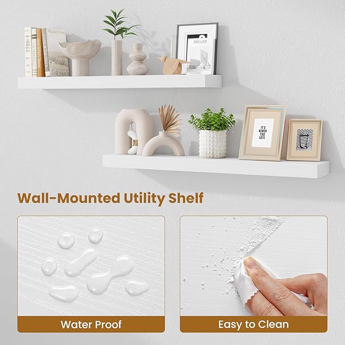 Fun Memories Floating Shelves for Room Wall, 36 Inch Long Shelf Set of 2， Hanging Wood Shelves for Storage & Display, White