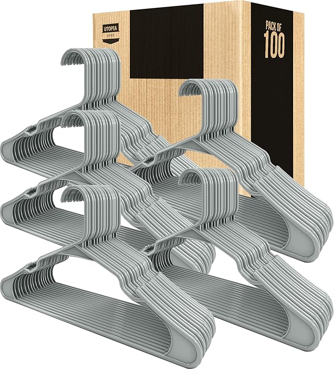 Utopia Home Plastic Hangers 100 Pack - Perfect Space Saving Clothes Hanger - Durable and Strong - Perfect Closet Organizers with Shoulder Grooves (Grey)