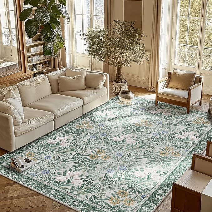 Botanical Floral Area Rug 6x9 Light Green Cream Vintage Garden Design, Perfect for Living Room, Bedroom, Kids Room, Nursery - Stain & Water Resistant Non-Slip, Pet & Child Friendly Area Rugs