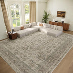 Washable 10x14 Area Rugs for Living Room, Boho Non-Slip Vintage Distress Large Rugs for Bedroom Dining Room Office, 0.3" Neutral Oriental Throw Thin Carpet, Flaxen/Brown/Multi