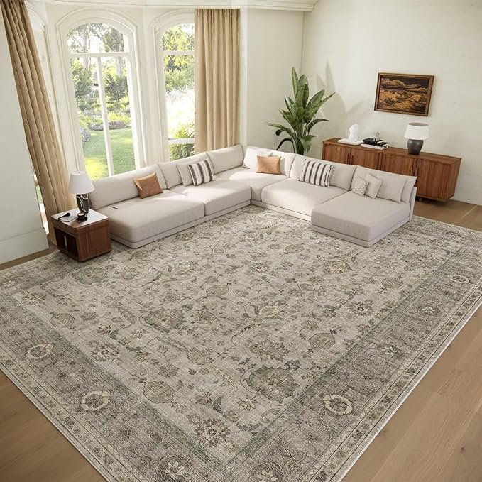 Washable 10x14 Area Rugs for Living Room, Boho Non-Slip Vintage Distress Large Rugs for Bedroom Dining Room Office, 0.3" Neutral Oriental Throw Thin Carpet, Flaxen/Brown/Multi
