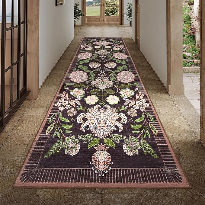 GarveeHome Plum Pink Floral Botanical 2.5x8 Washable Kitchen Runner Rugs Non Slip Black Purple Vintage Boho Cottage Long Rug for Hallways Bedroom Entryway Bathroom Mat with Rubber Back