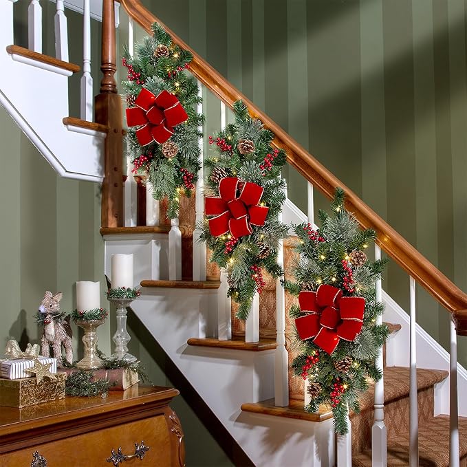 Haute Decor Classic Pre-lit 26 inch PE/PVC Artificial Fir Christmas Swag (Staircase), 20 Soft White LED, Indoor/Outdoor