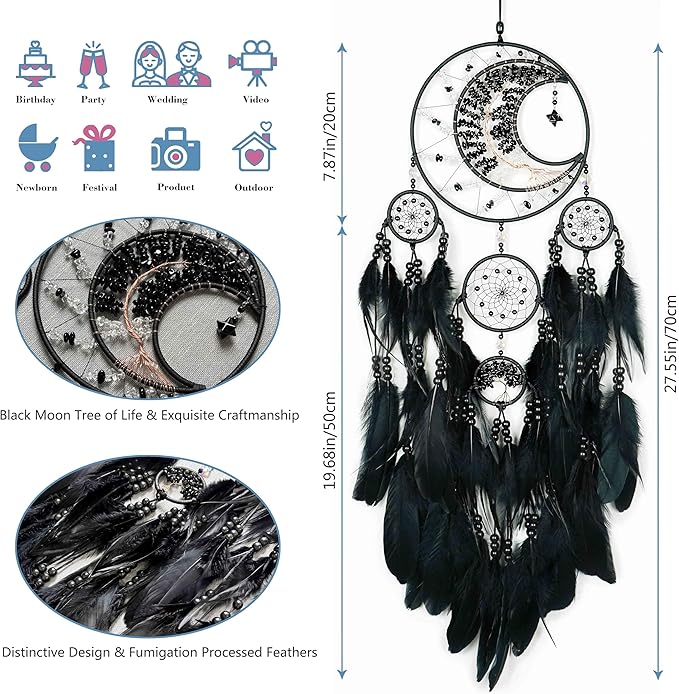 Large Dream Catchers, Handmade Woven Moon Healing Crystal Stone Dream Catcher Wall Hanging Ornament for Bedroom Living Room Wedding Party Decor, Festival Blessing Craft Gift (Black Moon)