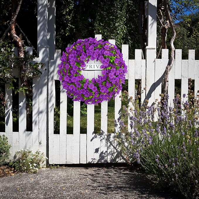 20 Inch Spring Summer Floral Wreath, Violet Artificial Silk Flowers with Green Eucalyptus Leaves, Farmhouse Faux Greenery Wreath for Front Door Outdoor Wall Wedding Home Decor