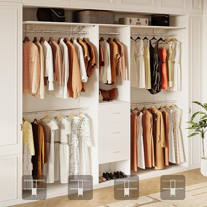 LINLUX 8FT Closet System 94'' Closet Organizer with 3 Drawers,4 Extendable Hanging Rods,Wood Closets Built In System Tower with Adjustable Shelves,Walk-in Closets Wardrobe Clothes Garment Rack(White)