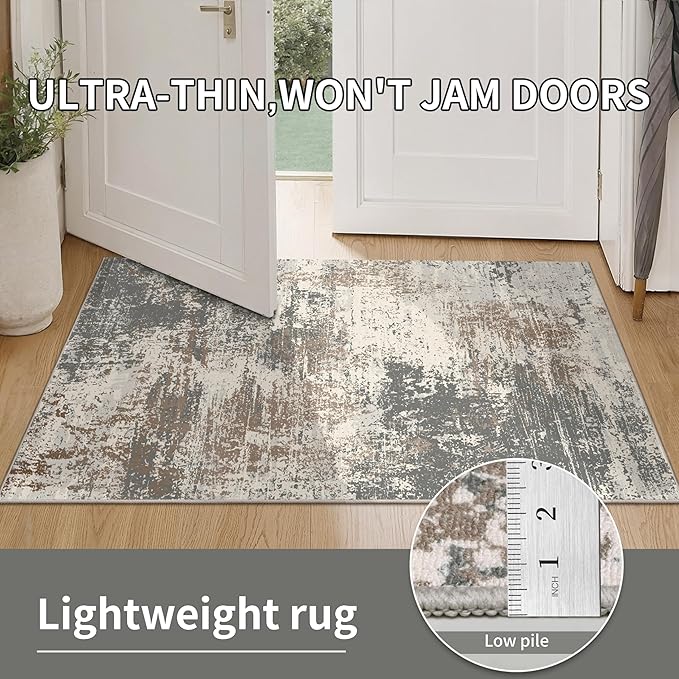 Ciicool Modern Abstract Area Rug 2x3 Washable Small Entryway Rugs, Non-Slip Low Pile Throw Rug, Thin Kitchen Bathroom Rug, Grey Brown Floor Carpet for Entrance Living Room Bedroom Indoor Door Mat