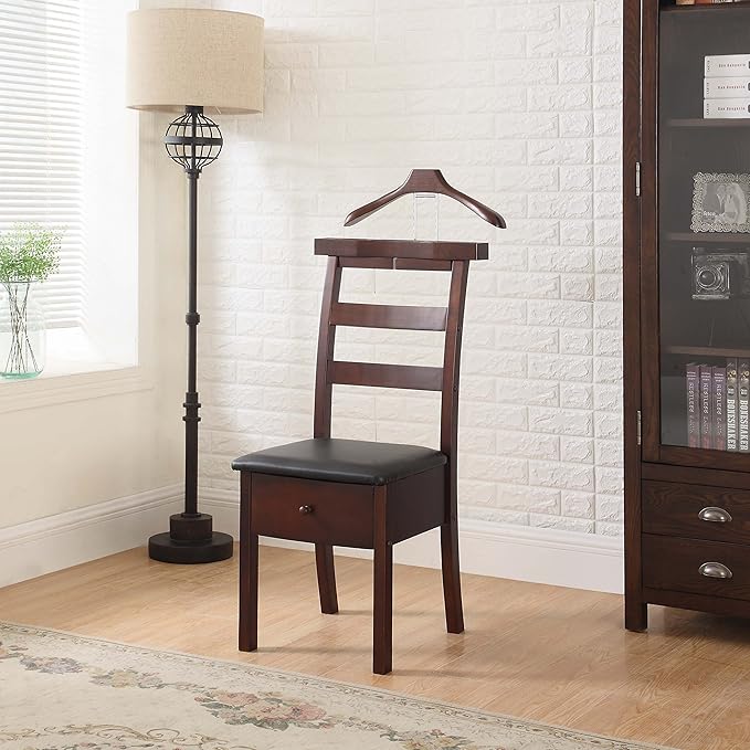 Proman Products Manhatten Chair Valet VL36654 with Drawer, Hanger, Trouser Bar and Tie & Belt Bar, 19" W x 24" D x 43" H, Dark Walnut