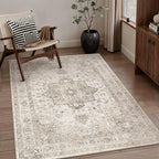 Taupe Area Rug 3x4 Washable Vintage Carpet for Office Kitchen Non Slip Retro Distressed Door Mat Low Pile Soft Oriental Medallion Thin Small Throw Rug Entryway Bedroom Bathroom Dining Room