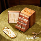 Wooden Jewelry Box for Women 4 Tier Walnut Wooden Jewelry Box with handle (Flower and butterfly prints B)