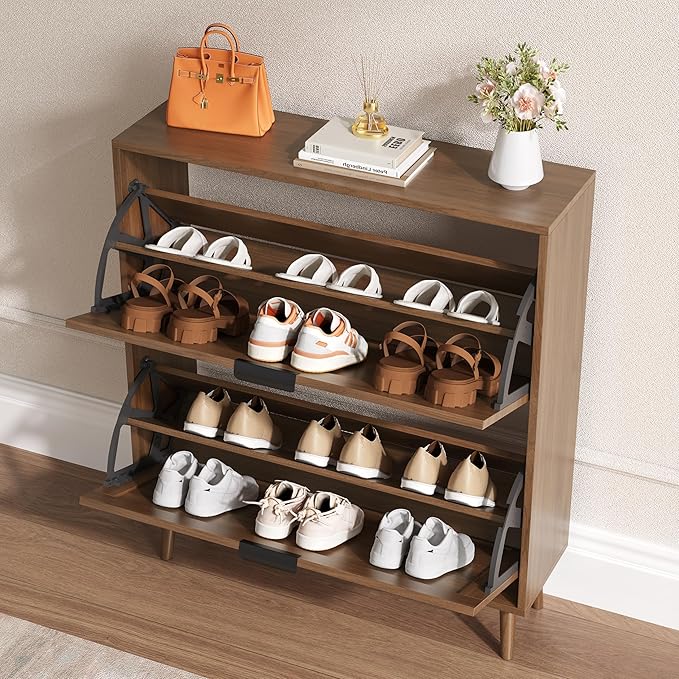 Shoe Cabinet for Entryway with 2 Flip Drawers, Slim Wooden Shoe Storage Organizer with Modern Fluted Pannel，Freestanding Narrow Hidden Shoe Rack for Hallway, Foyer, Living Room