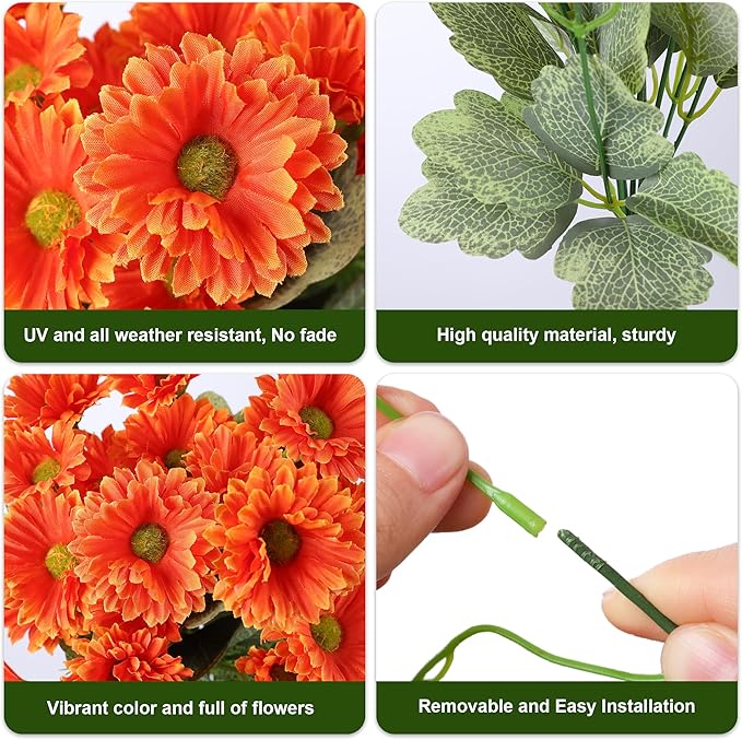 HyeFlora Dahlia Artificial Flowers for Outdoors Fake Plants Spring Decoration, 6 Bundles Realistic Silk Daisy UV Resistant Faux Flowers for Outdoor Planters Patio Porch Yard Garden Home, Orange Yellow