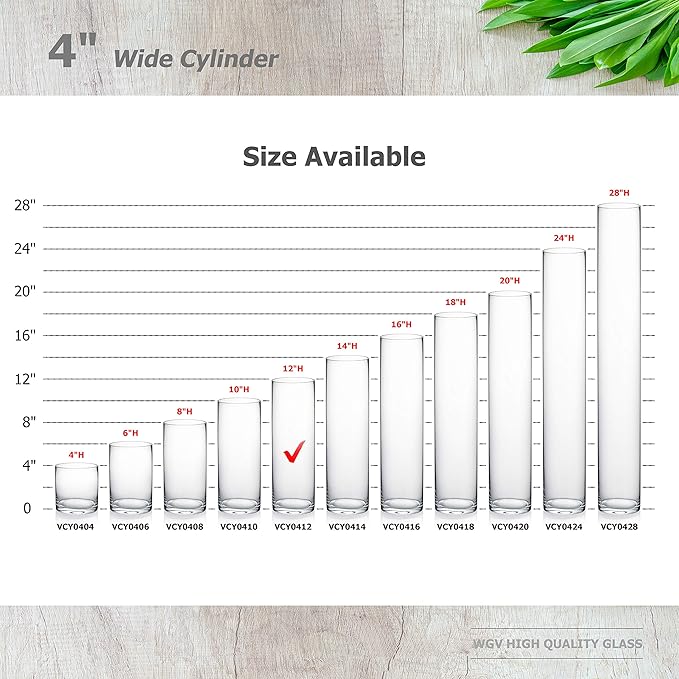 WGVI Quality Thick Weighted Clear Cylinder Glass Vases, 4" W x 12" H, Flower Arrangement Floating Candle Holders Wedding Centerpiece Terrarium Planter Floral Storage Container, Bulk Wholesale, 12 Pcs
