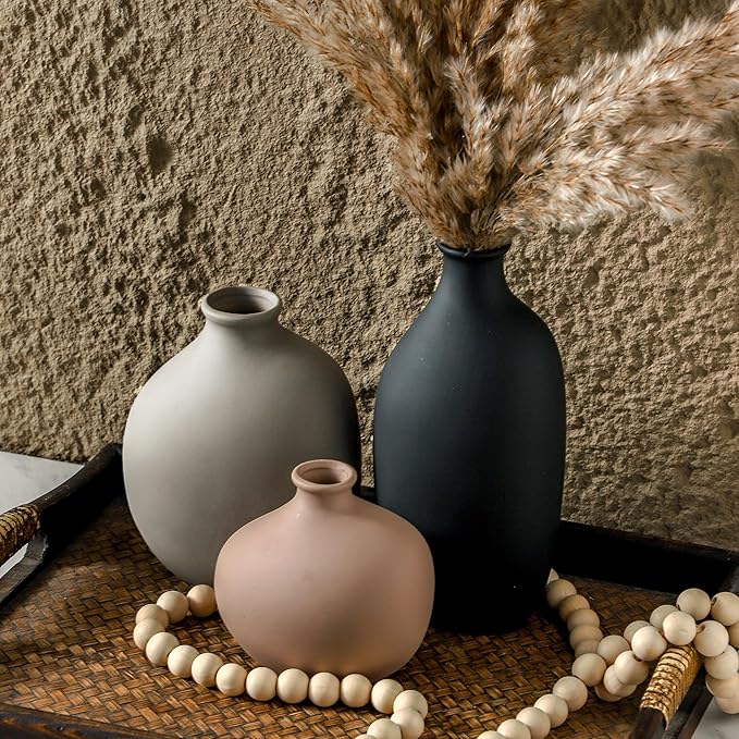Ceramic Vase Set of 3, Small Modern Rustic Pottery Vases for Home Decor,Farmhouse Flower Vase for Pampas Grass, Dried or Fresh Flowers, Decorative Vases for Living Room, Bedroom, Bookshelf, or Table.