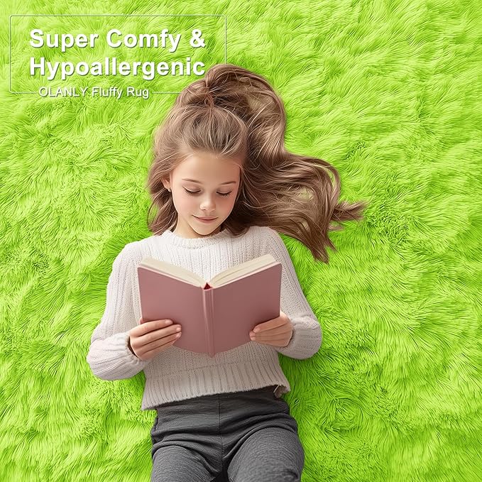 OLANLY 2x5 Machine Washable Runner Rugs for Hallway, Soft Fluffy Shaggy Bedside Rugs for Bedroom, Living Room, Indoor Floor Carpet for Kids Girls and Boys, Home Decor Aesthetic, Lime Green