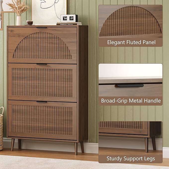 Shoe Cabinet for Entryway with 3 Flip Drawers, Slim Wooden Shoe Storage Organizer with Modern Fluted Pannel，Freestanding Narrow Hidden Shoe Rack for Hallway, Foyer, Living Room